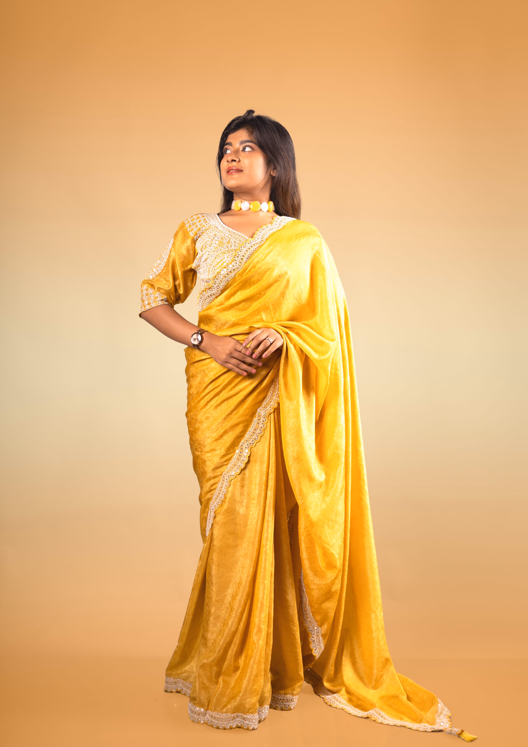 Yellow Sheen Saree with Stitched Embroidered Blouse - Image 2