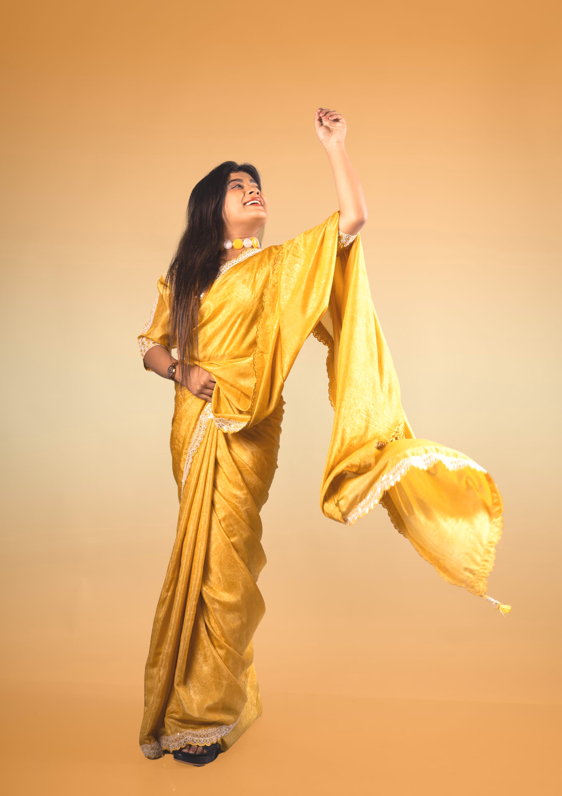 Yellow Sheen Saree with Stitched Embroidered Blouse - Image 4