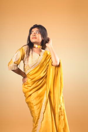Yellow Sheen Saree with Stitched Embroidered Blouse