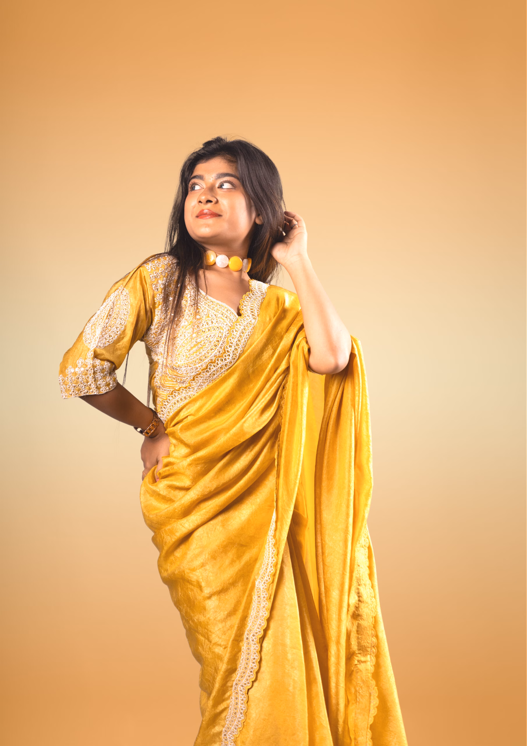 Yellow Sheen Saree with Stitched Embroidered Blouse