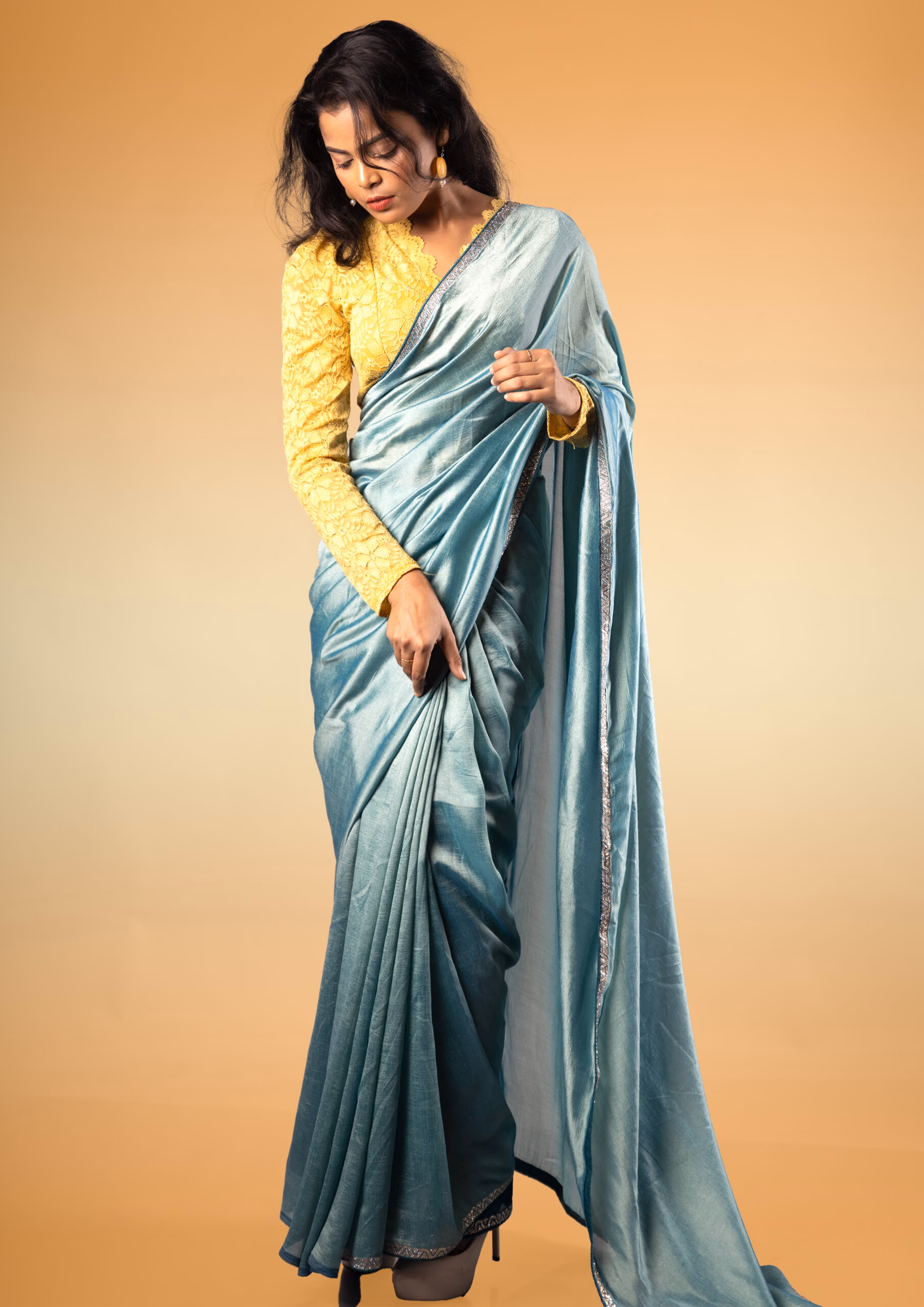 Teal Blue Sheen Saree with Unstitched Embroidered Blouse Piece - Image 2
