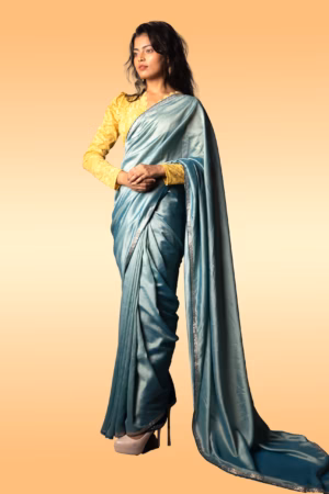 Teal Blue Sheen Saree with Unstitched Embroidered Blouse Piece