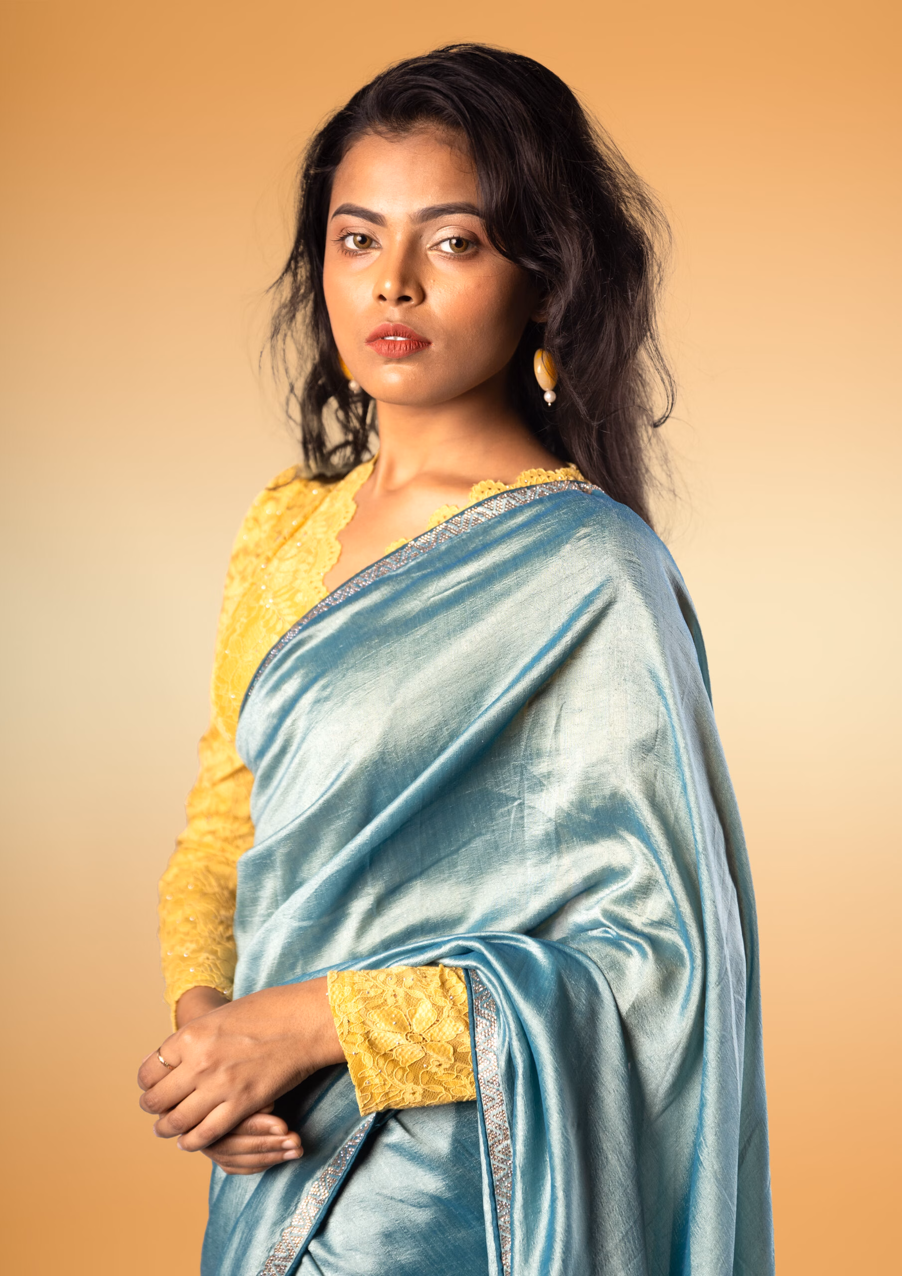 Teal Blue Sheen Saree with Unstitched Embroidered Blouse Piece - Image 6