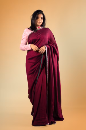 Maroon Solid Saree with Embellished Border ( Includes Unstitched Blouse Piece)