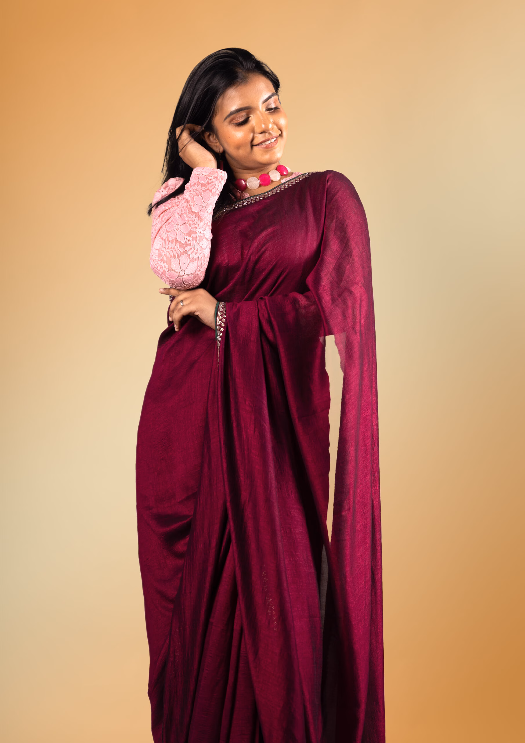 Maroon Solid Saree with Embellished Border ( Includes Unstitched Blouse Piece) - Image 5