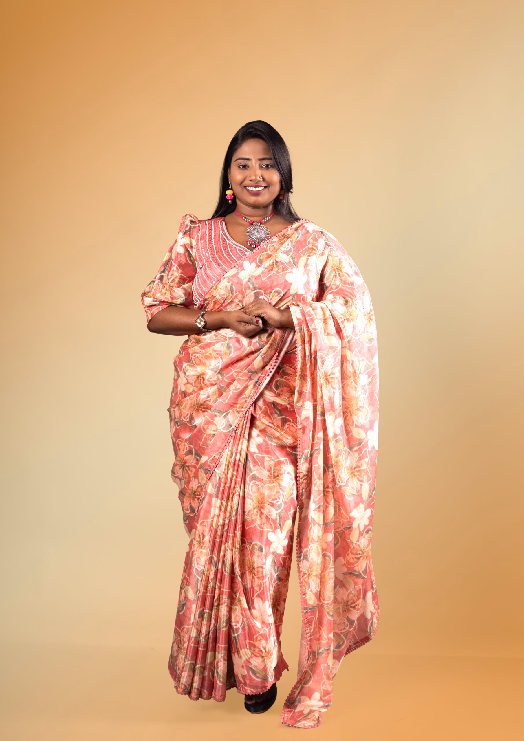 Floral Bliss Pink Peach Chiffon Saree with Embellished Blouse - Image 2