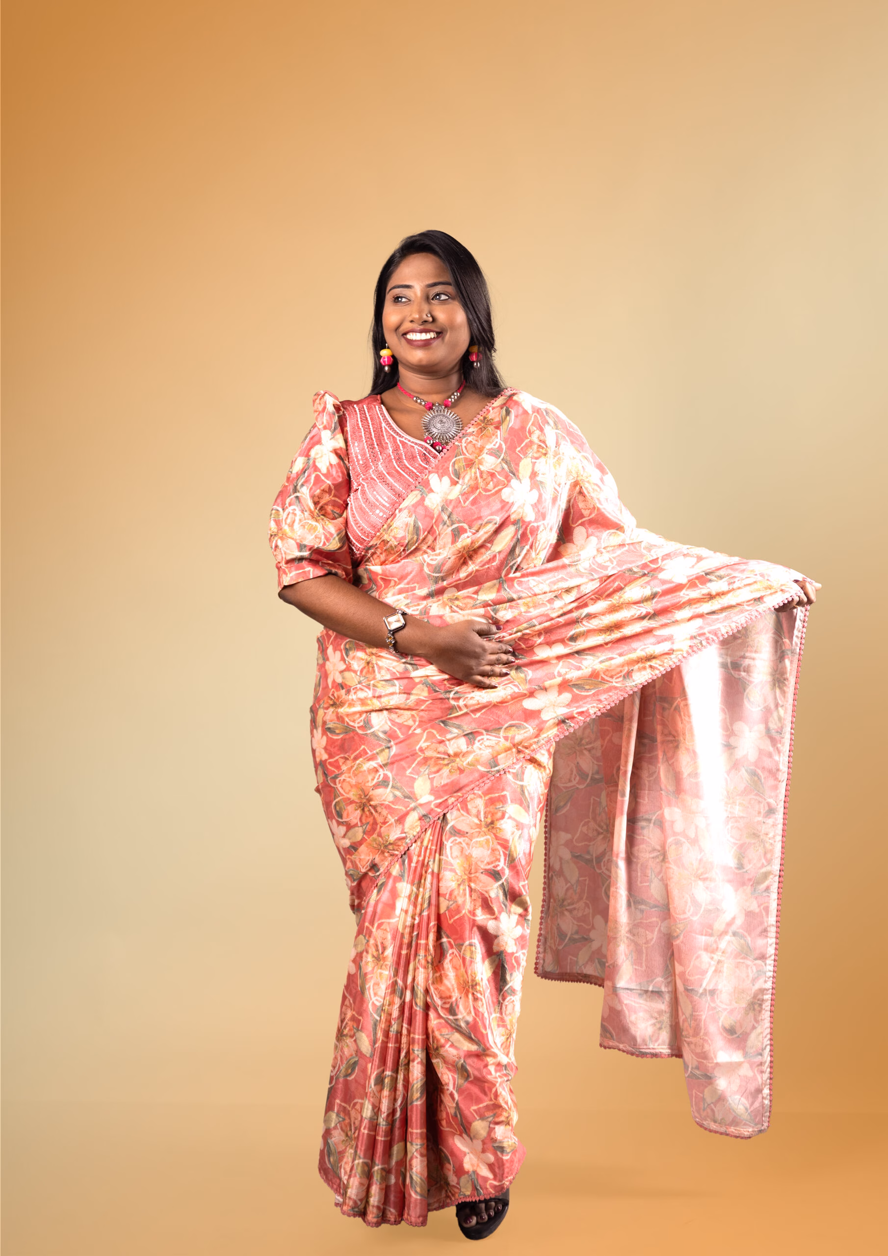 Floral Bliss Pink Peach Chiffon Saree with Embellished Blouse