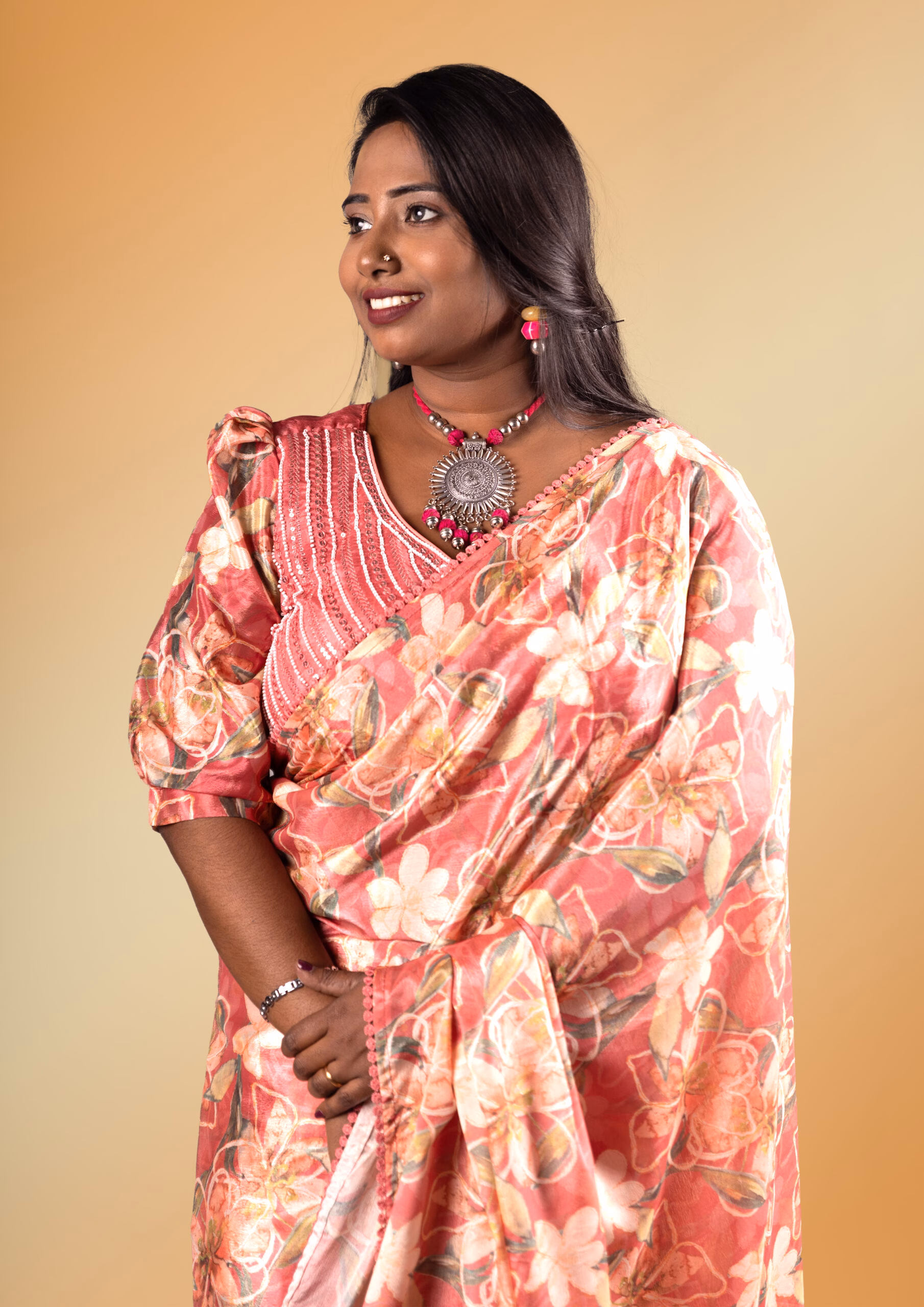Floral Bliss Pink Peach Chiffon Saree with Embellished Blouse - Image 6