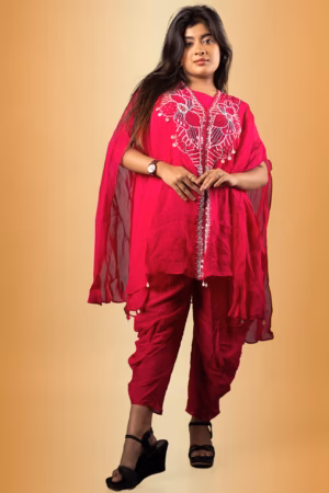 Red Embroidered Dhoti Suit