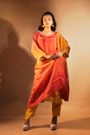 Deep Crimson -Yellow Gradient Straight Kurta Set with Churidar