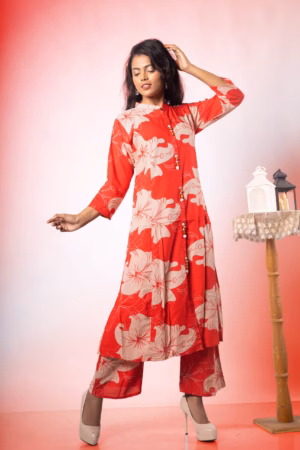 Red Floral Kurta and Palazzo Set with Beaded Detailing -5 Petal Premium Collection