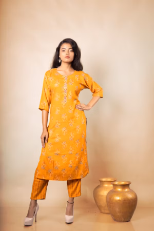 Golden Bloom Mustard Floral Kurta and Straight Pants Ensemble