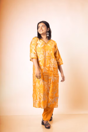 Midnight Marigold Floral with Chic Pocket Kurta Set-5 Petal Unique