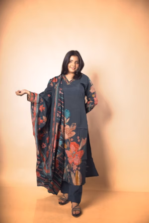 Ethereal bloom Hand Painted Floral Ethnic Ensemble with Artisan -Striped Dupatta