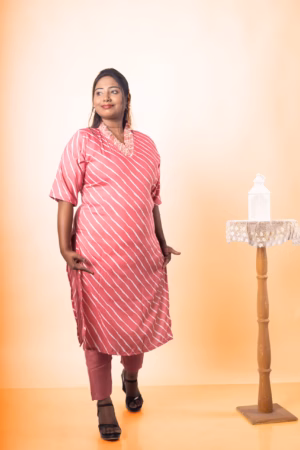 Pink Leheriya Stripes Kurta Set with Embellished Yoke