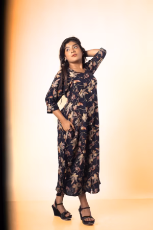 Navy Floral Long Dress with Side Tie