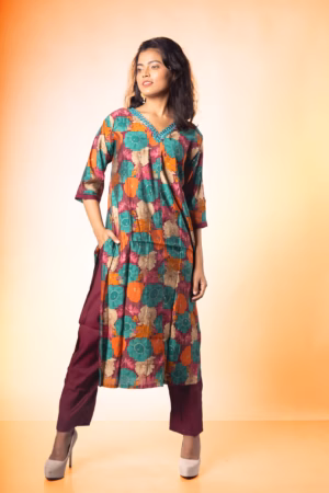 Multicolor Floral Straight Kurta Set with Churidar