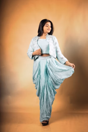 Mint Green Embroidered Dhoti Suit with Jacket - 5 Petal Exclusive